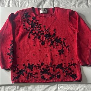 Tiara International Red Embroidered Beaded Sequins Long Sleeve Knitted Sweater